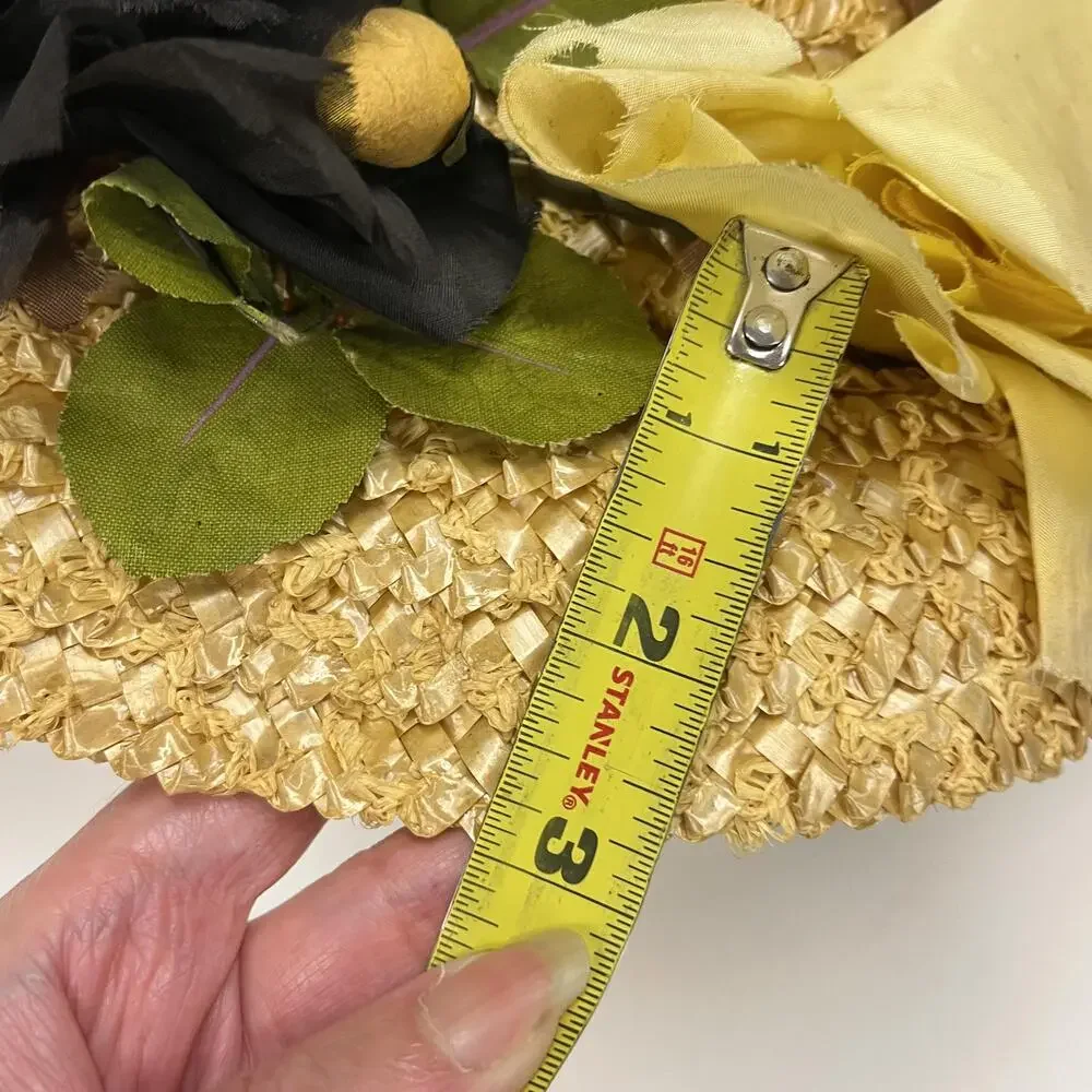 Vintage Mr Rickie Hat Cap Straw Floral Yellow Black Wide Brim Womens Spring 50s